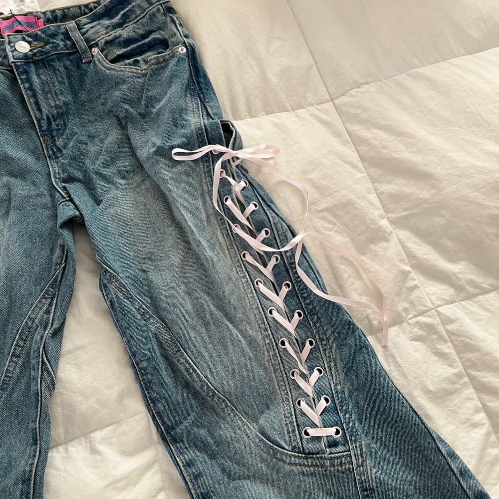 Edikted low rise pink bow lace up jeans Size M